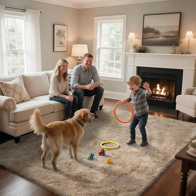 Fluffy Rug Shaggy Area Rug, Beige 8x10 Area Rugs for Living Room, Large Shag Area Rugs for Bedroom Kids Room Home Decor, Upgrade Anti-Skid Rectangular Fuzzy Rugs