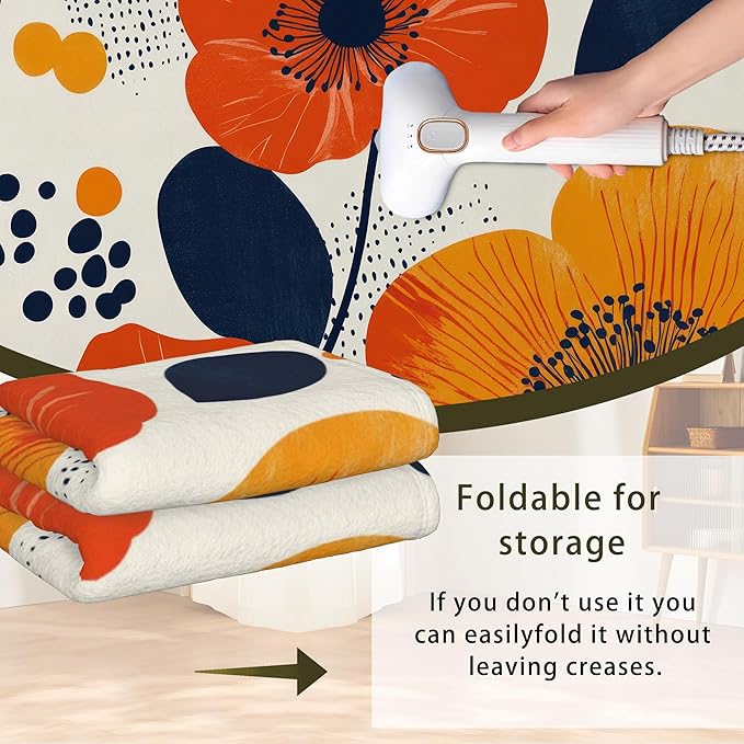 Boho Orange Flowers Autumn Carpet for Living Room, 5x7 Non-Slip Washable Low Pile Abstract Design Rug, Space Saving Area Rug for Bedroom, Dining Room