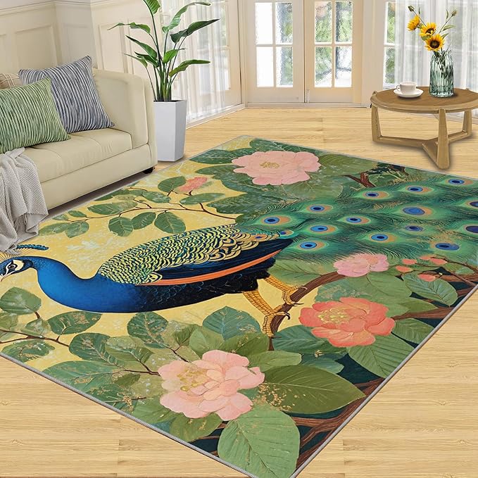 Peacock Peony Rugs for Bedroom - 6x8 Rug, Peacock Decor Area Rugs for Living Room, Peony Flower Carpet, Floral Animal Washable Area Mat, Aesthetics Carpet - Peafowl Home Decor & Gifts