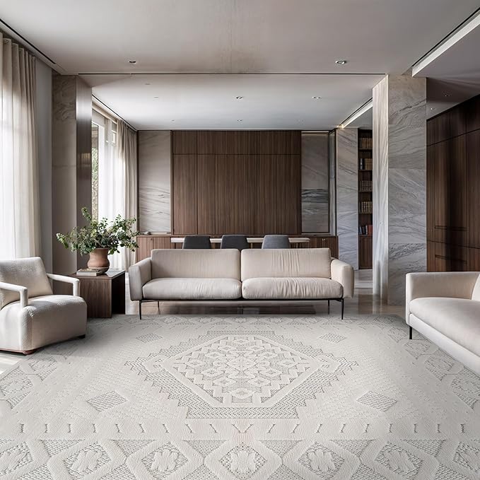 Modern Micro Loop Indoor Area Rugs for Living Room Bedroom Kitchen Geometric Trellis White 6x9 Luxury Durable Low and High Pile Non-Shedding Stain Resistant Soft Area Carpet 6 x 9