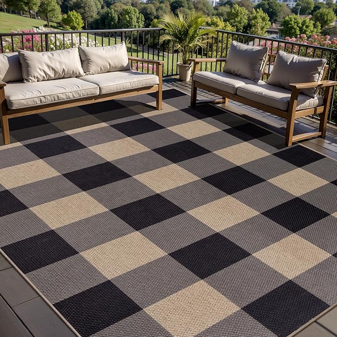 Tangsoo Checkered Easy Jute Rug 5x7 Large Washable Area Rug for Dining Room,Non-Slip Black Grey Indoor Outdoor Rug,Modern Thin Mat Outdoor Carpet for Living Room Bedroom Patio