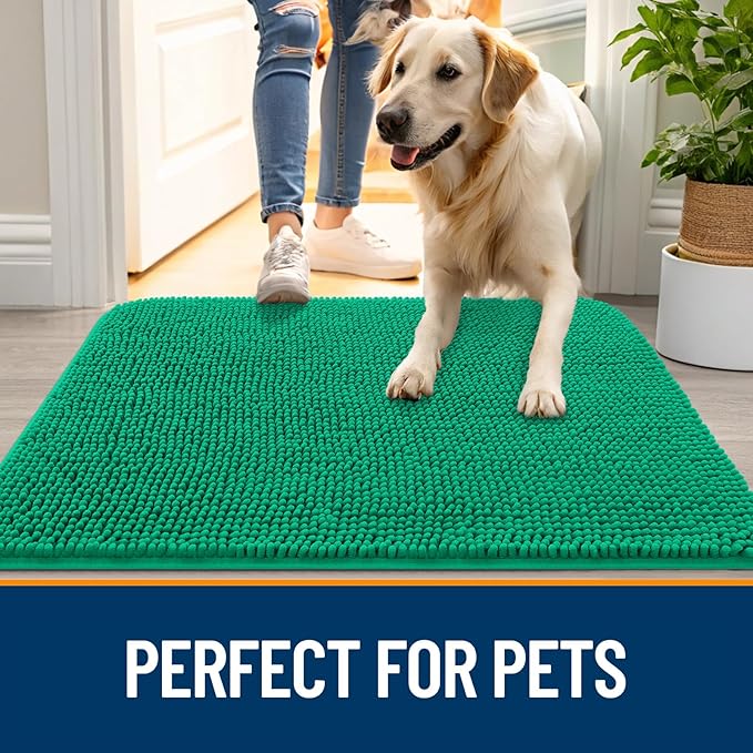 OLANLY Dog Door Mat for Muddy Paws 44x24, Absorbs Moisture and Dirt, Absorbent Non-Slip Washable Doormat, Quick Dry Chenille Mud Mat, Entry Indoor Entryway Carpet for Inside Floor, Emerald Green