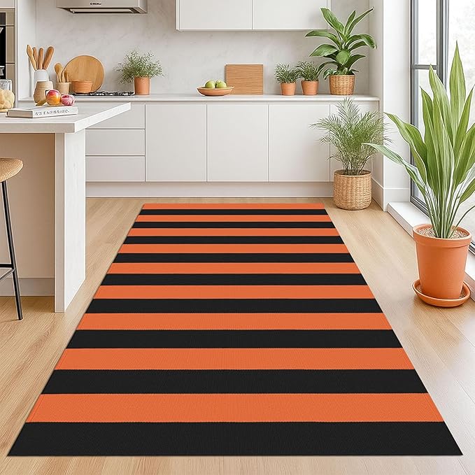KOZYFLY Striped Outdoor Rug 4x6 Ft Orange and Black Halloween Fall Hand Woven Area Rug Washable Outdoor Doormats Indoor Entrance Mat for Front Door Kitchen Entryway Patio Front Porch Decor