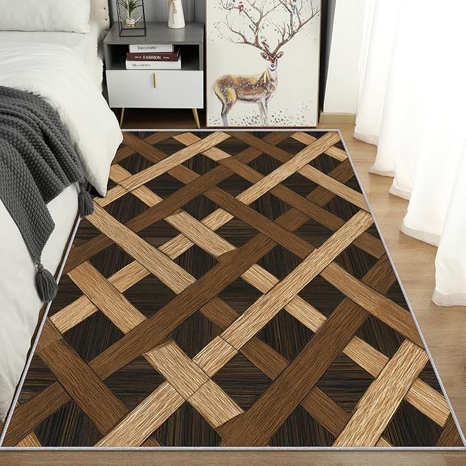 Checkered Rug, Washable 6x8 Rug for Living Room, Wood Grain Patterned Indoor Carpet, Checkered Geometric Decor for Home, Bedroom, Soft Non Slip Thin Design FER30