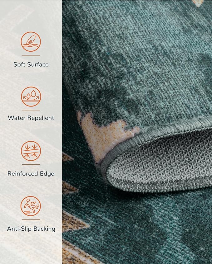Area Rug 2x10 Rug Machine Washable Non-Slip Low Pile Print Pattern Western Rug for Living Room Bedroom Entryway Tribal Series -Teal/Green