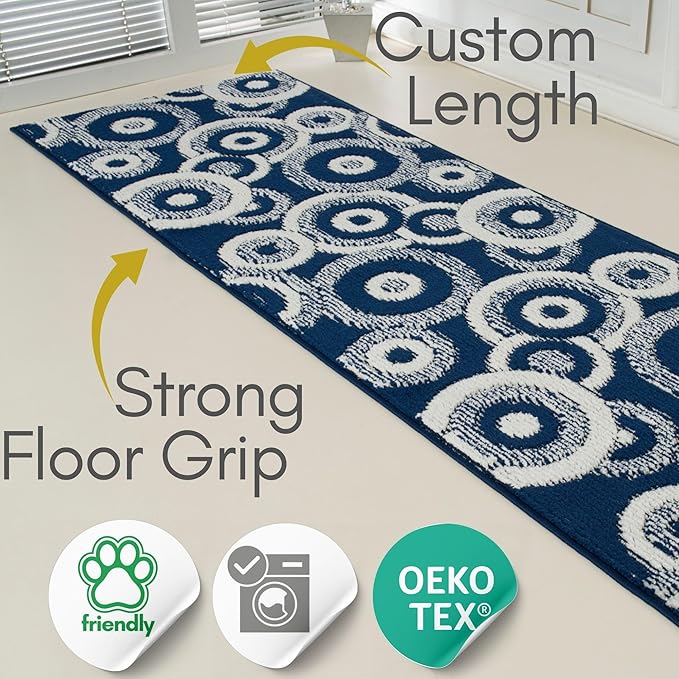 Custom Size Long Blue Hallway Runner Rug | Cut to Length 2'3" x 14' (Runner) | Non-Slip & Machine Washable | REMNAZ