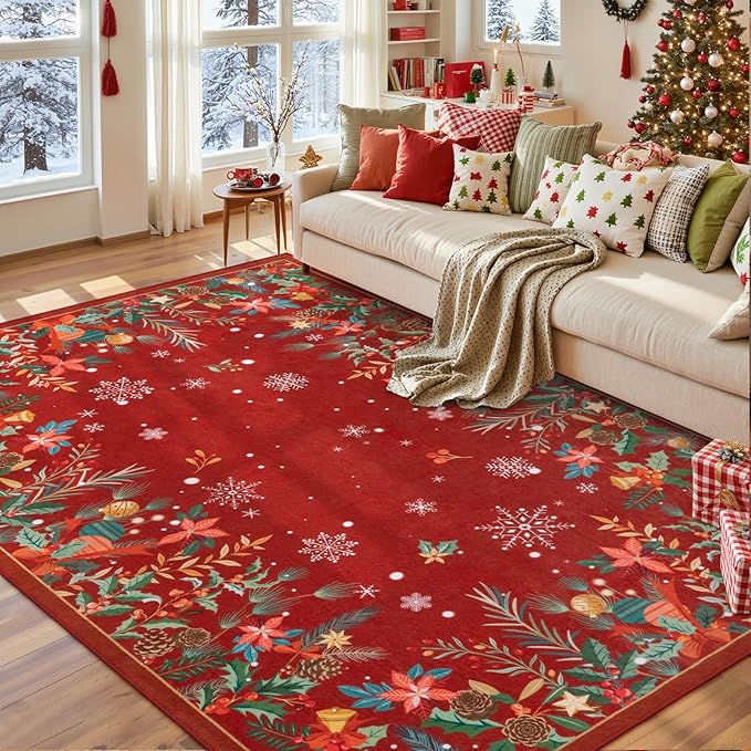 Wonnitar Christmas 8x10 Area Rugs for Living Room, Low Pile Soft Large Bedroom Rug, Non-Slip Washable Red Floral Snowflake Holiday Decor Floor Carpet for Dining Room(Christmas Red,8'x10')