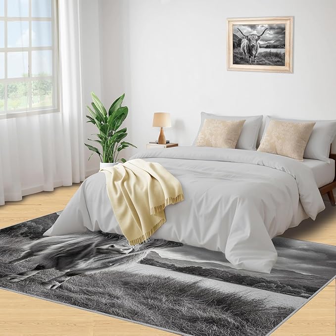 Highland Cattle Rugs for Bedroom - 6x8 Area Rug - Black White Highland Cattle Rugs for Living Room, 3D Natural Landscape Rug, Non-Slip Washable Home Decor Carpet