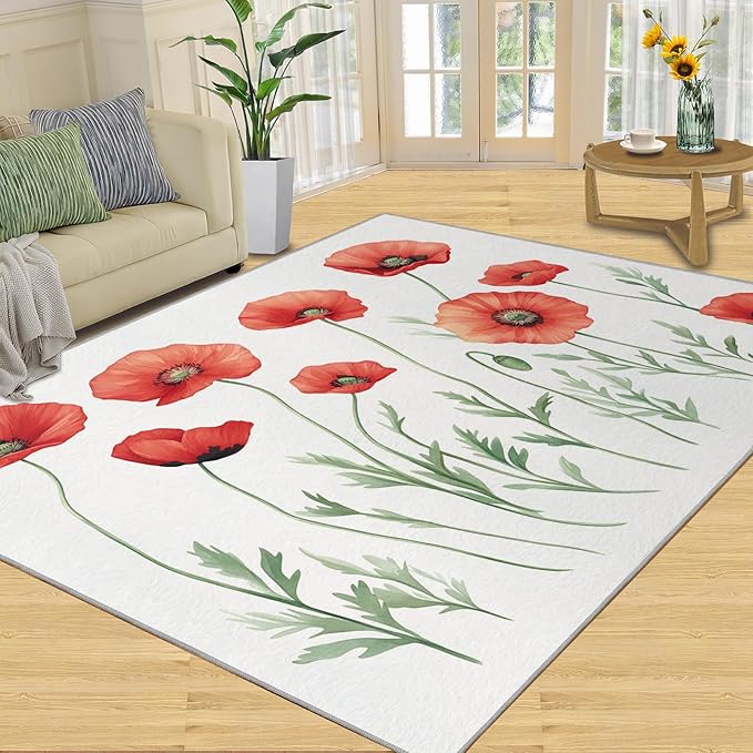 Little Red Flower Rugs for Bedroom - 5x8 Area Rug - Abstract 3D Flowers Rugs for Living Room, Modern Simple Art Rug, Non-Slip Washable Home Decor Carpet