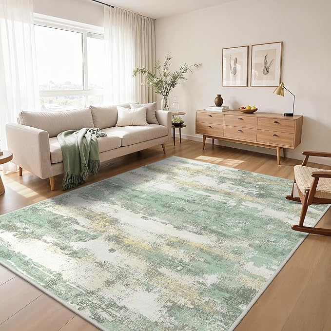 GENIMO Abstract Area Rug 6x9, Washable Large Modern Rug Non Slip, Low Pile Lightweight Soft Carpet for Living Room, Bedroom, Dining Room, Light Green