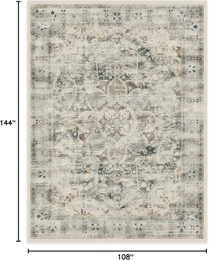 RUGGABLE Washable Vintage Area Rug – Sarrah Sage 9x12, Stain-Resistant, Non-Slip – Large Machine Washable Rugs for Living Room, Bedroom, Hallway, Entryway & Office–with Cushioned Pad