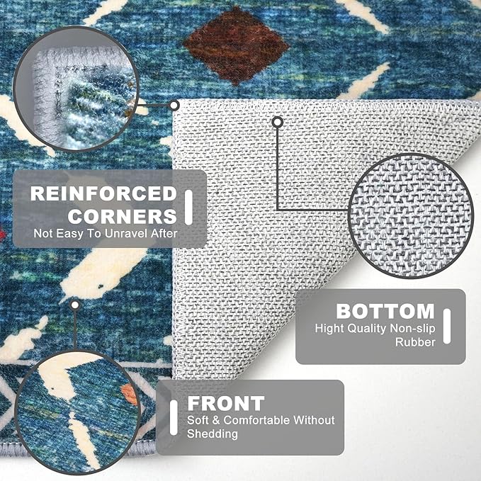 KILOCOCO Kitchen Runner Rug Washable Runner Rug Soft Hallway Runners Non Slip Printed Distressed Laundry Room Rugs, Low-Pile Runners for Entryway/Bedroom/Kitchen/Living Room, 2x5 Teal/Blue