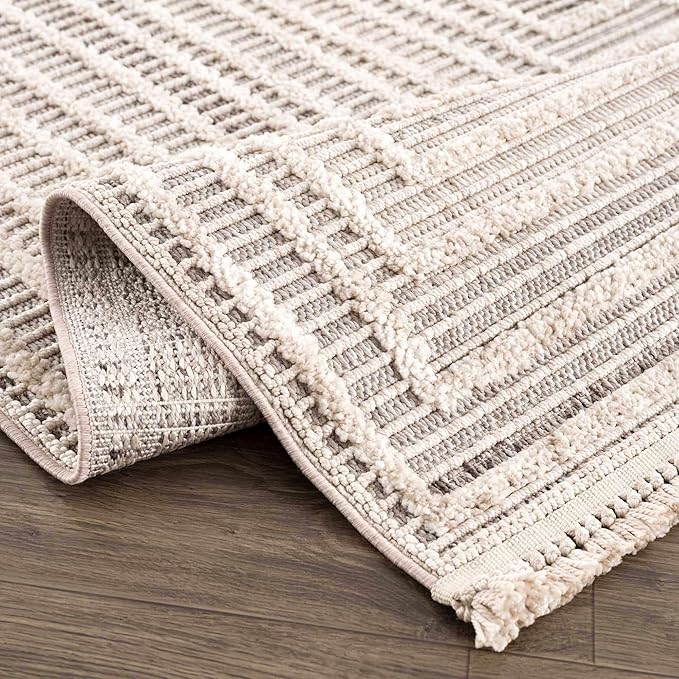 Hauteloom Lunao Living Room, Bedroom Area Rug - Geometric, Solid & Striped - Charcoal, Cream, Beige - 2' x 3'