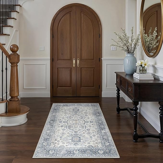 Bavni 3x5 Area Rug for Living Room Bedroom, Washable Boho Print Vintage Aesthetic Rug, Ultra-Thin Low Pile Rugs for Entryway Playroom with Non Slip Backing, Light Blue