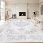 Area Rug 10x12 Living Room Rug, Machine Washable Vintage Distressed Medallion Rug Non-Slip Soft Low Pile Large Indoor Rugs for Bedroom Kitchen Dining Room Office(Beige,10'x12')
