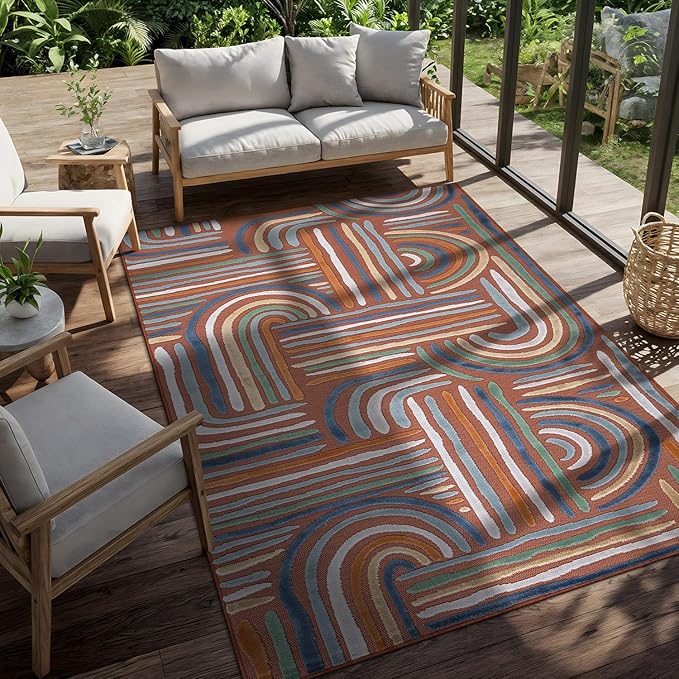 CAMILSON Indoor Outdoor Rug, Orange 8x10 Geometric Arch Striped Area Rugs for Patio and Home Areas, Easy-Cleaning Non-Shedding Living Room, Garden and Deck Washable Outside Carpet (8 x 10)
