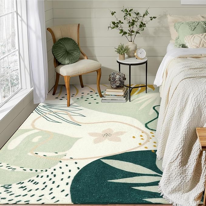 Lahome Green Machine Washable Living Room Rugs - 4x6 Area for Bedroom Throw Non-Slip Lightweight Dining Rug, Boho Botanical Print Soft Indoor Carpet Office Laundry Kitchen Entryway 4' x 6'
