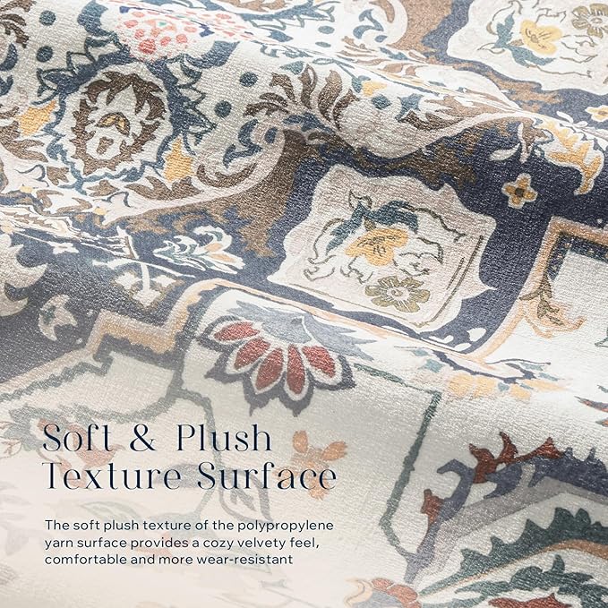 Phantoscope Washable Area Rug 6'x9' Non-Slip, Vintage Boho Rugs for Living Room, Bedroom, Dining Room, Persian Floral Medallion Pattern, Low-Pile Foldable Floor Carpet, Ivory Blue/Garden Bloom