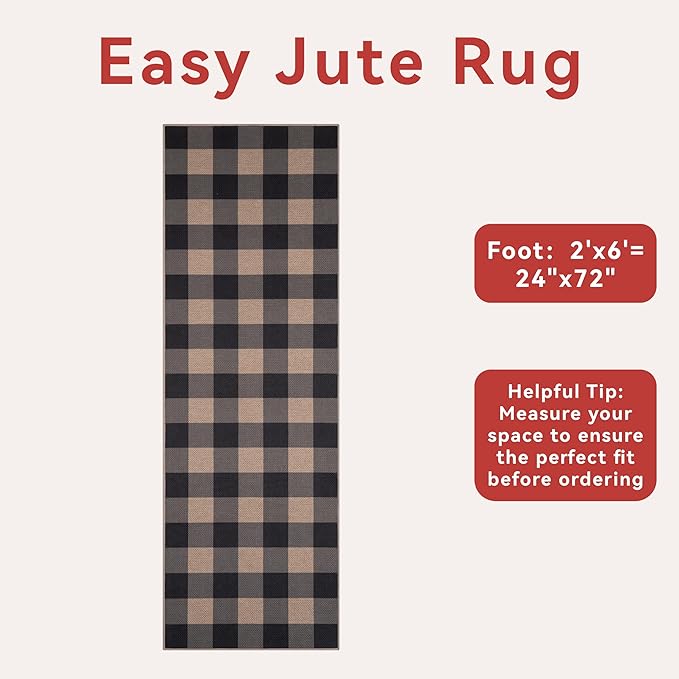 Tangsoo Checkered Easy Jute Runner Rug for Hallways,2x6 Washable Non-Slip Carpet Runner for Kitchen Bedroom Laundry Entryway Modern Black Grey Indoor Outdoor Floor Mat