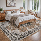 DEXI 10x14 Area Rug for Living Room, Washable Vintage Farmhouse Thin Rug Indoor Floor, Non Slip Stain Resistant Low Pile Carpet for Dining Room Bedroom Office, Brown