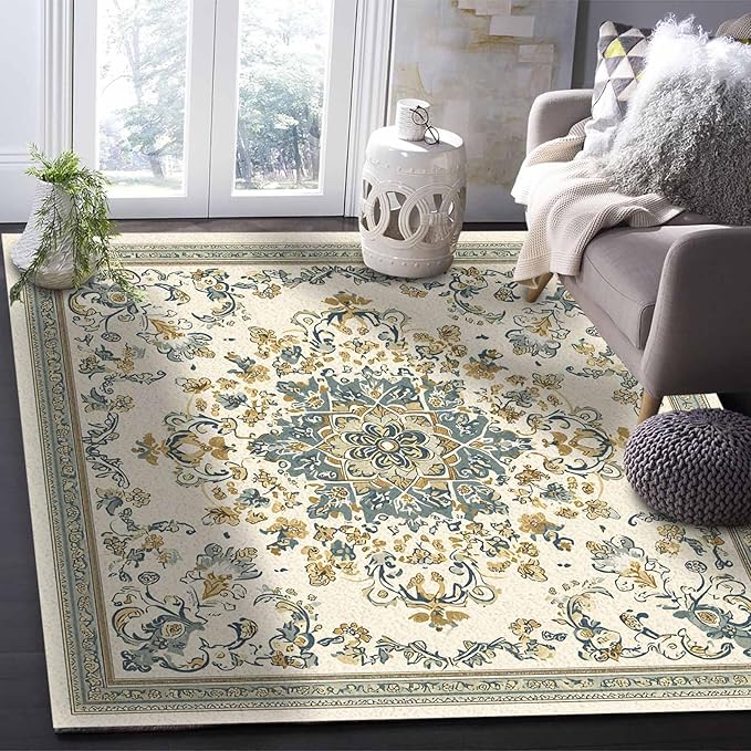 Bohemian Rectangular Area Rugs for Living Room Bedroom 2.8 x 5 ft Vintage Farmhouse Floral Pattern Non-Shedding Soft Low Pile Rug Non Slip Washable Rug for Nursery Entryway Playroom