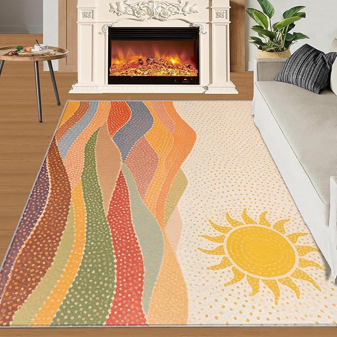 Boho Sun Area Rugs 4x6ft, Mosaic Sunburst Carpet for Bedroom, Dotted Gradient Hills Rug for Living Room Easy to Clean for Indoor Outdoor Hardwood Floors Home Decor