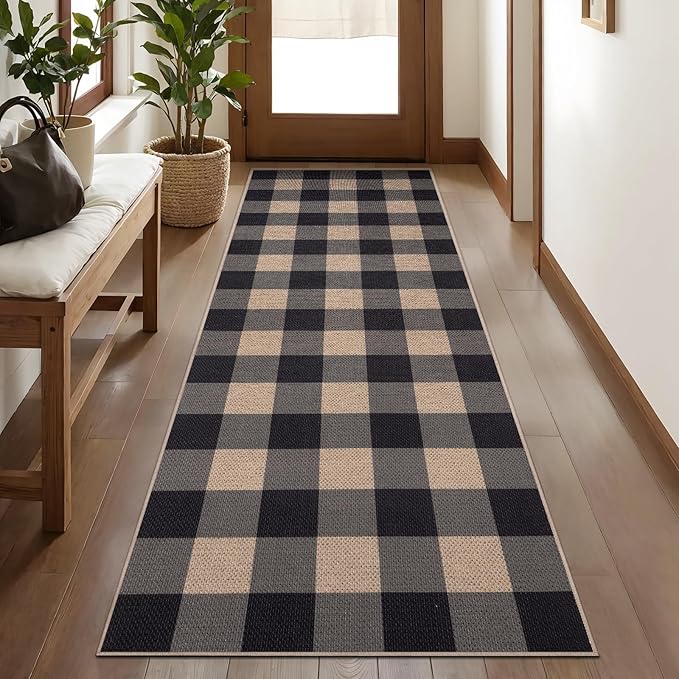 Tangsoo Checkered Easy Jute Runner Rug for Hallways,2x6 Washable Non-Slip Carpet Runner for Kitchen Bedroom Laundry Entryway Modern Black Grey Indoor Outdoor Floor Mat