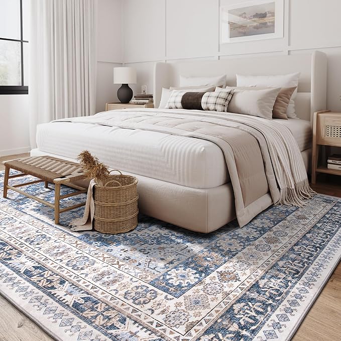 zesthome 7x9 Area Rug, Super Soft Washable Rugs for Living Room, Non-Slip Stain Resistant Vintage Rugs, Ultra-Thin Large Area Rugs (Blue/Beige,7'x9')