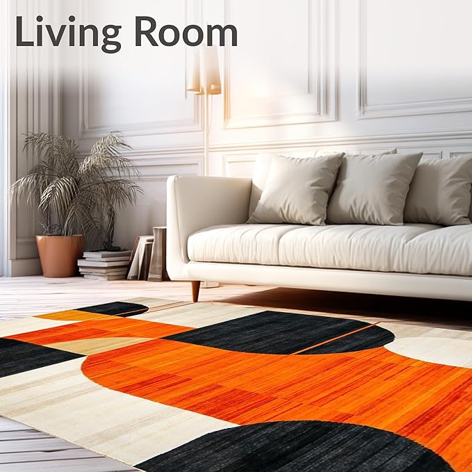 Flatwoven High Traffic Area Rug 5x7, Copper Black Orange Geometric Abstract Design, Non Slip, Stain Resistant, Washable Area Rugs for Living Room, Bedroom (Orange, 5x7)