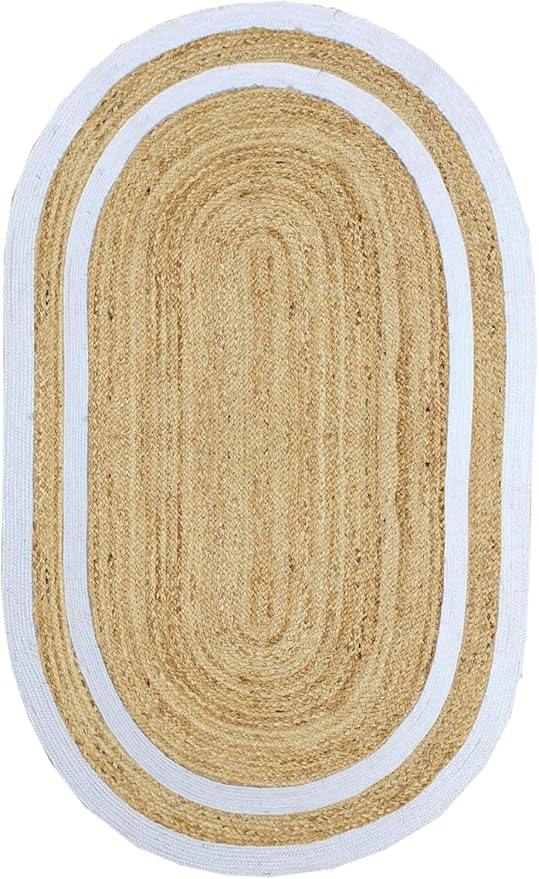 Oval Runner 2.6x18 Kilim Jute Runner Natural Oval Thick 0.27" Solid Design Beige White Hand Braided Jute Flatweave Mat Handmade Boho Indoor Outdoor Rugs for Hallway Enterway Staircases Corridor