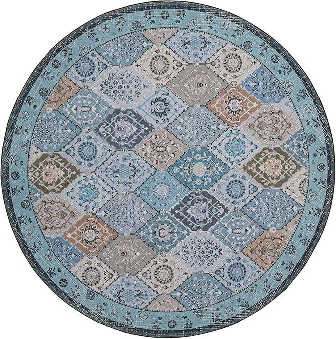Phantoscope Washable Round Area Rug 6ft Non-Slip, Vintage Boho Rugs for Living Room, Bedroom, Dining Room, Distressed Moroccan Mosaic Diamond Pattern, Low-Pile Foldable Floor Carpet, Blue Teal/Neutral