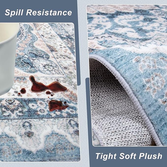 6x9 Area Rug for Bedroom, Machine Washable Rugs with Non-Slip Backing for Living Room, Large Vintage Carpet Kitchen Laundry Kids Room Decor, Blue & Beige