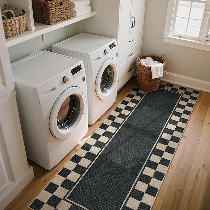 Moynesa Easy Jute Runner Rugs Washable 2.5x8 Entryway Runners Rug for Kitchen Black Checkered Carpet for Indoor Outdoor Non Slip Mat for Hallways Bathroom Bedroom Laundry Living Room Corridor
