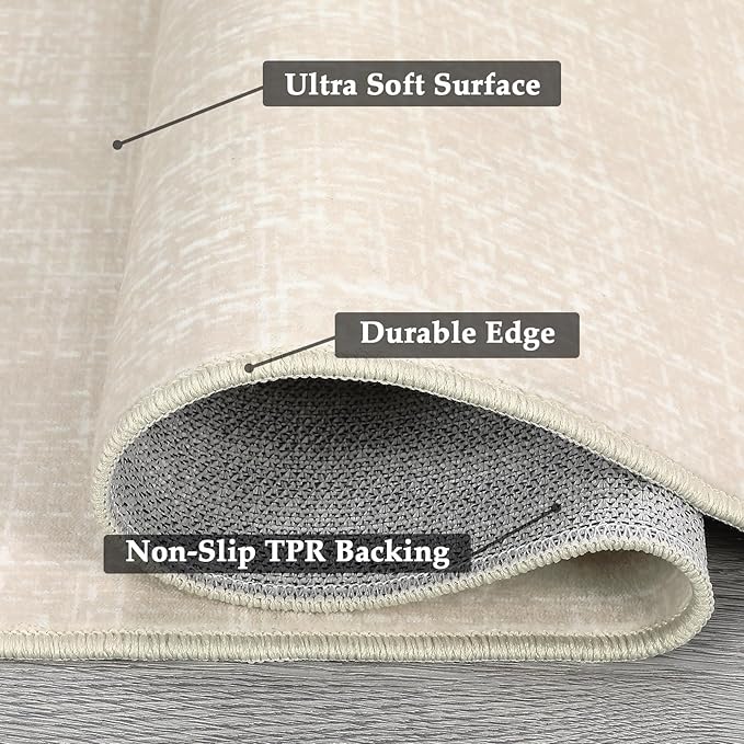 RUGSREAL Living Room Area Rug 9x12 Machine Washable Rug Non-Slip Stain Resistant Modern Abstract Bedroom Rug Contemporary Throw Floor Carpet for Dining Room Solid Area Rug for Home Office, Cream