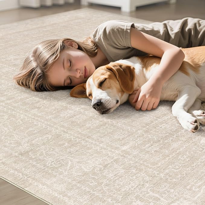 7x9 Area Rug Living Room: Washable Large Vintage Beige Rugs Neutral Non-Slip Soft Stain Resistant Indoor Carpet for Bedroom Nursery Dining Room Under Table Bed Home House Office Playroom