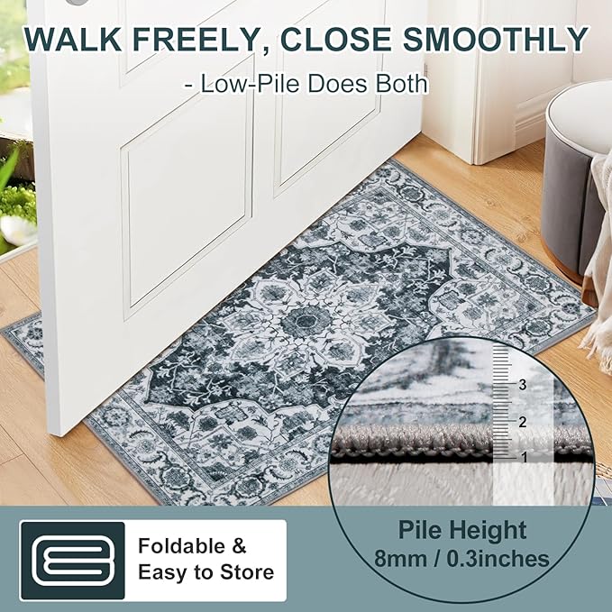 WILLSUN Washable Area Rugs, 4x6 Non-Slip Boho Large Area Rugs for Living Room, Bedroom, Machine Washable Vintage Rug, Indoor Floral Print Carpet for Home Decor, Kid & Pet Friendly Mat