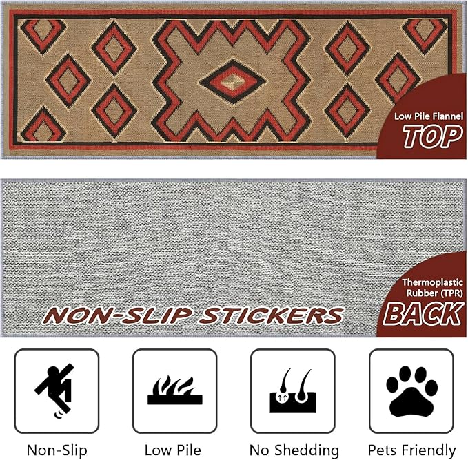 Brown Base Red Black Diamond Runner Rug, 2x8ft Zigzag Pattern Hallway Runner Rug, Corridor & Foyer High-Traffic Area Rugs, Durable Flannel Carpet Non-Slip Mat, Southwestern Home Decor