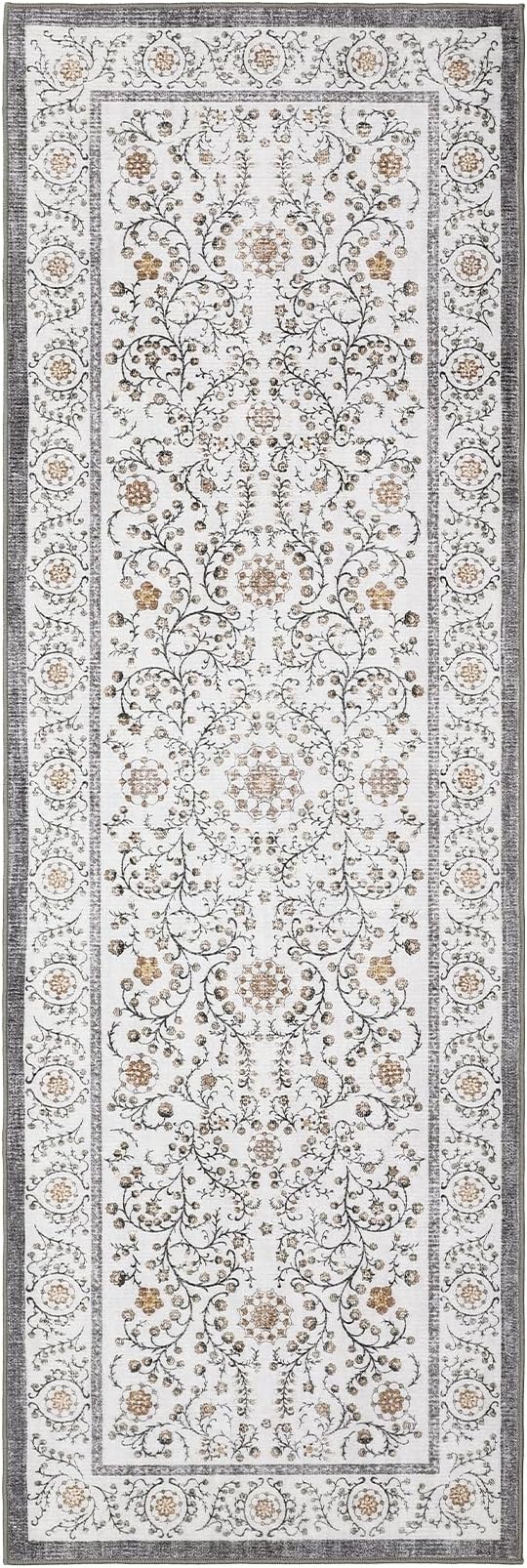 GarveeHome Boho 2x6 Runner Rug for Hallways Non Slip, Vintage Botanical Kitchen Rugs Washable Area Rug for Entryway Stain Resistant, Low Pile Soft Runner Grey Carpet for Bedroom Floor Laundry Room