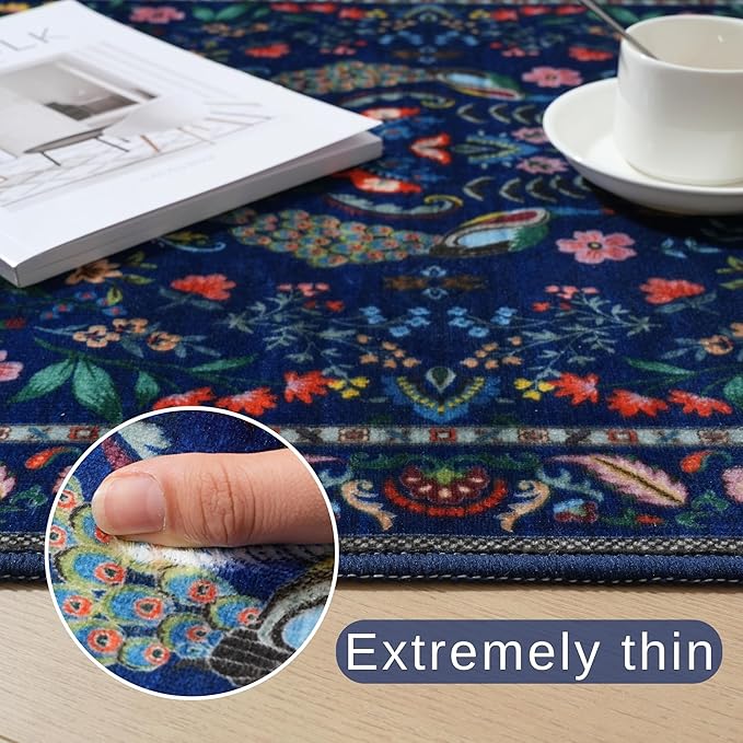 Rugcomf Living Room Rug 6x9 Rug Machine Washable Area Rug Floral Non-Slip Low Pile Large Rug for Living Room, Bedroom, Farmhouse, Dining Room, Kids Playroom(Blue)