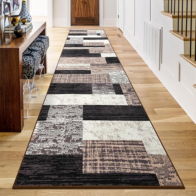 Indoor Runner Rug, Washable Runner Rug with Rubber Backing, Modern Geometric Patchwork Aesthetic Carpet for Bedroom, Living Room, Hallway, Entryway,Washable Rugs Rockwood Collection,2.7x10Ft Chocolate