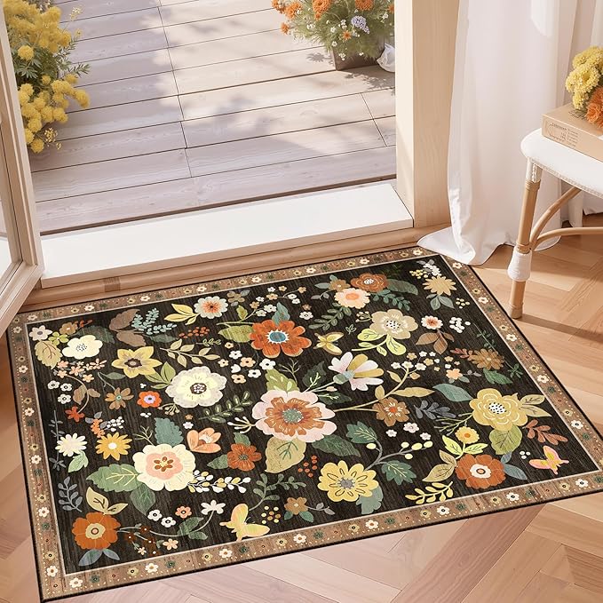 Floral 2x3 Area Rug Machine Washable Soft Print Boho Carpet Non Slip Doormat Low Pile Flower Area Rugs for Living Room Bedroom Nursery Kitchen Dining Room Indoor-Black/Yellow/Red