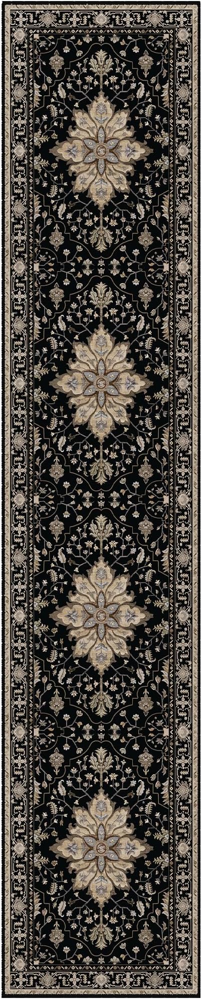 Area Rugs 2'6''x12' Washable Non-Slip, Floral Vintage Distress Print Pattern Medallion Carpet for Living Room Bedroom Dining Room, Black Brown Neutral Dark Tan