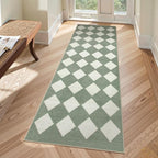 Lahome Checkered Washable 2x6 Green Runners for Hallways Non Slip, Ultra-Thin Kitchen Bathroom Runner Rugs, Moroccan Trellis Throw Carpet Runner for Bedroom Entryway Decor (2'x6',Green)