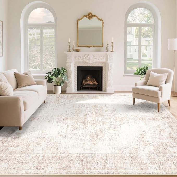 Vintage Living Room Area Rug - 8x10 Large Machine Washable Boho Moroccan Rug Distressed Farmhouse Rugs for Bedroom - Soft Non-Slip Indoor Carpet for Dining Room Office Nursery(Retro Beige, 8'x10')