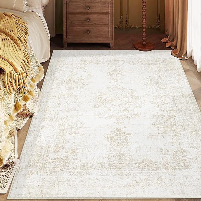 Area Rug 3x5 Entryway Rugs - Machine Washable Vintage Boho Area Rug Non-Slip Kitchen Rugs Soft Stain Resistant Indoor Door Mat, Small Oriental Throw Rug for Entrance Hallway Bedroom (Ivory, 3'x5')