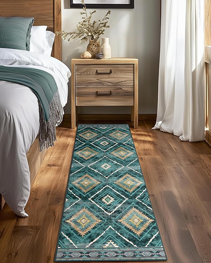 Area Rug 2x8 Rug Machine Washable Non-Slip Low Pile Print Pattern Western Rug for Living Room Bedroom Entryway Tribal Series -Teal/Green