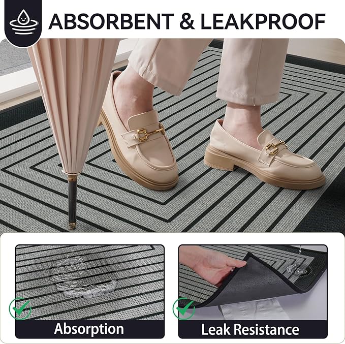 Front Door Mat 24''x35'', Absorbent Muddy Dirt Resist Washable Non Slip Low-Profile Indoor Doormat, Easy Clean Welcome Entryway Door Mats, Grey