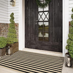 Outdoor Striped Rugs 3'x5', Black and Tan Cotton Hand Woven Front Door Mat,Washable Reversible Front Porch Rug, Foldable Layered Door Mats for Entryway/Home Entrance/Farmhouse