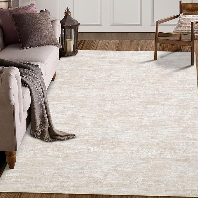 RUGSREAL 6x9 Large Bedroom Area Rug Washable Rug Soft Modern Area Rug for Living Room Non-Slip Stain Resistant Abstract Throw Floor Carpet Contemporary Rug Solid Rug for Dining Room Office, Beige
