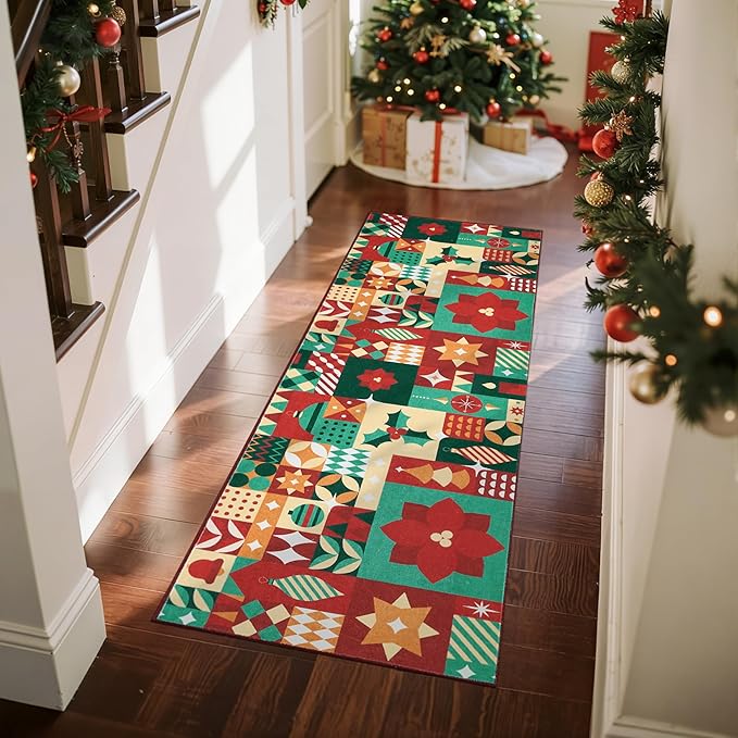 jinchan Christmas Runner Rug 2x6 for Entryway Washable Christmas Kitchen Rug Xmas Geometric Floor Mat for Hallway Non-Slip Soft Carpet Festive Red-Green Holiday Patch Decor for Bathroom Porch Bedside